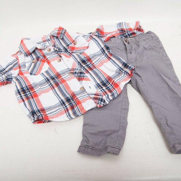 Old Navy Baby Boy 2-Piece Outfit 6–12 Months – Red Plaid Shirt & Gray Pants Set - Picture 1 of 4